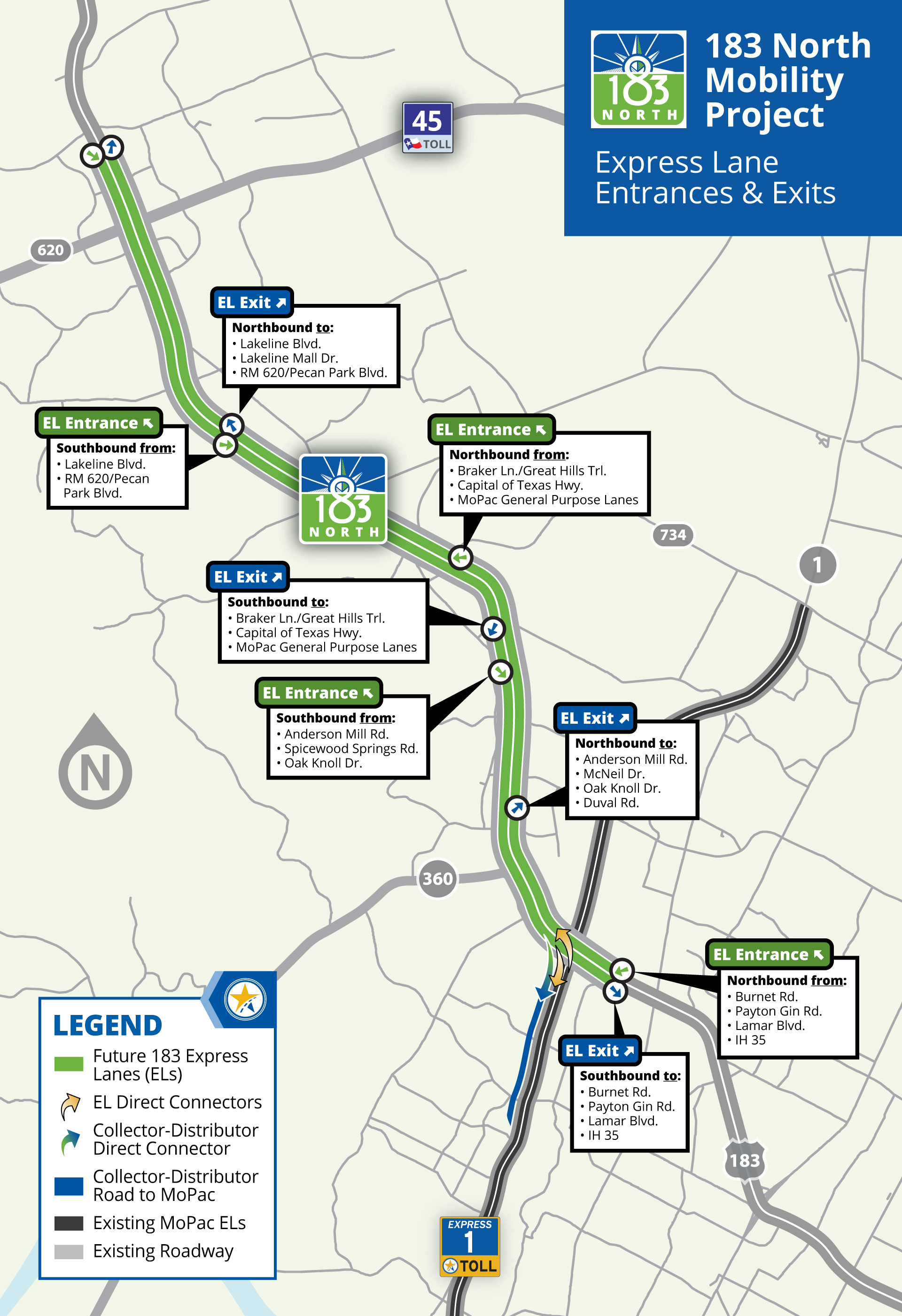 The 183 North Mobility Project Limits with express lane entrance and exit ramps.