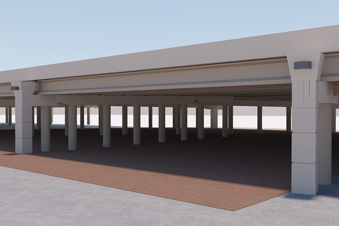 Rendering of decorative columns on bridges with aesthetic lighting.