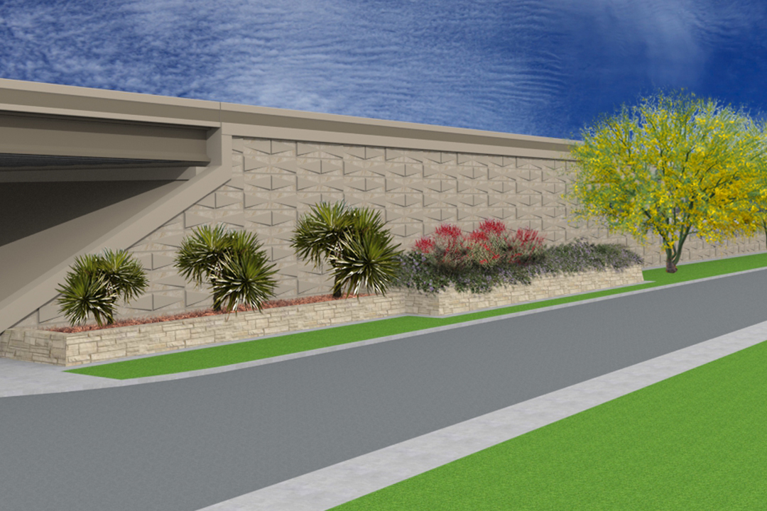 Rendering of street trees with ornamental trees and shrubs.