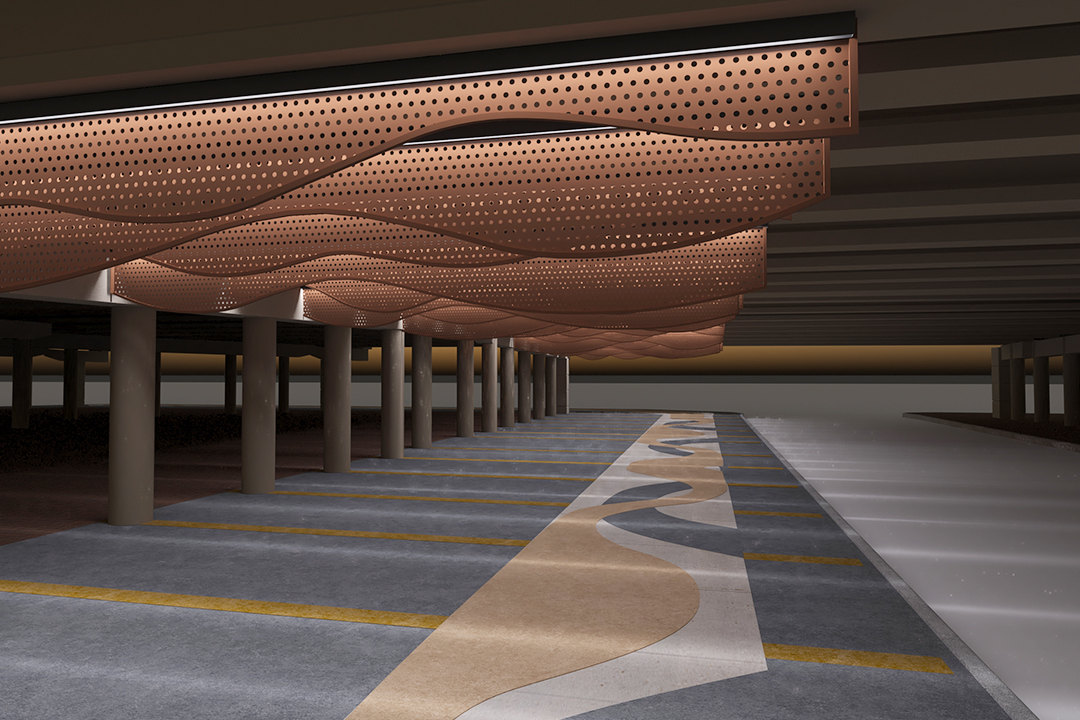 Rendering of colored concrete Shared Use Path sidewalk and paneling.
