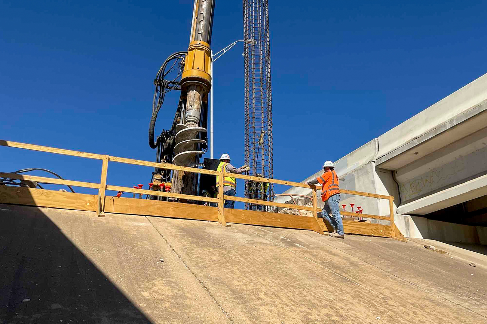 Drill shaft reinforcing placement at McNeil Bridge