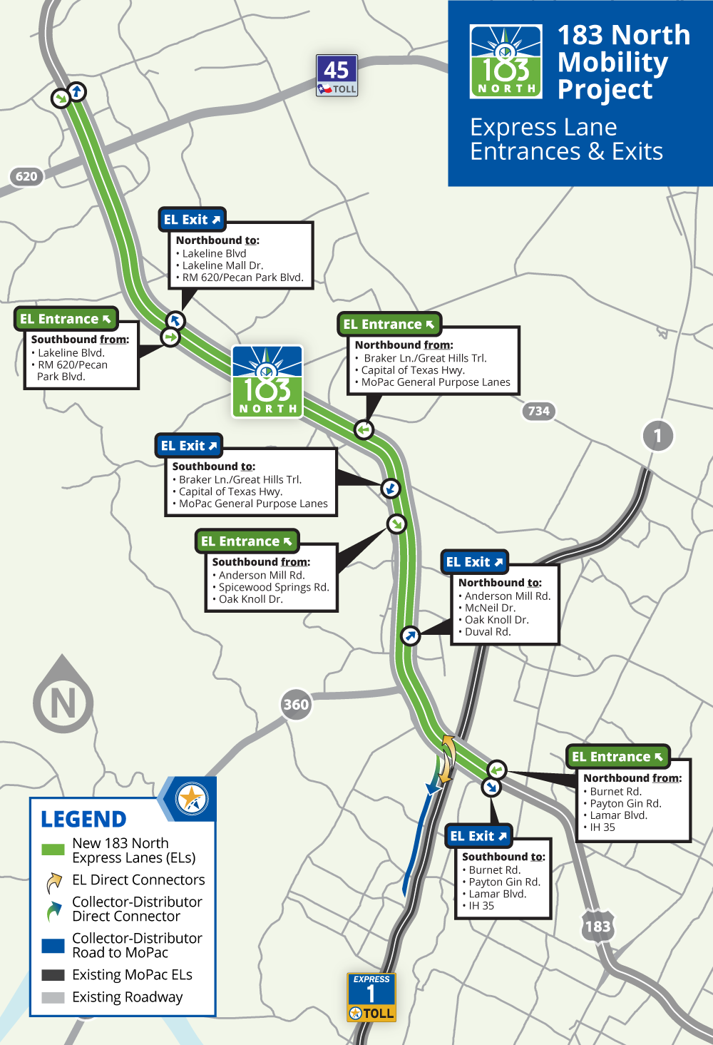 The 183 North Mobility Project Limits with express lane entrance and exit ramps.