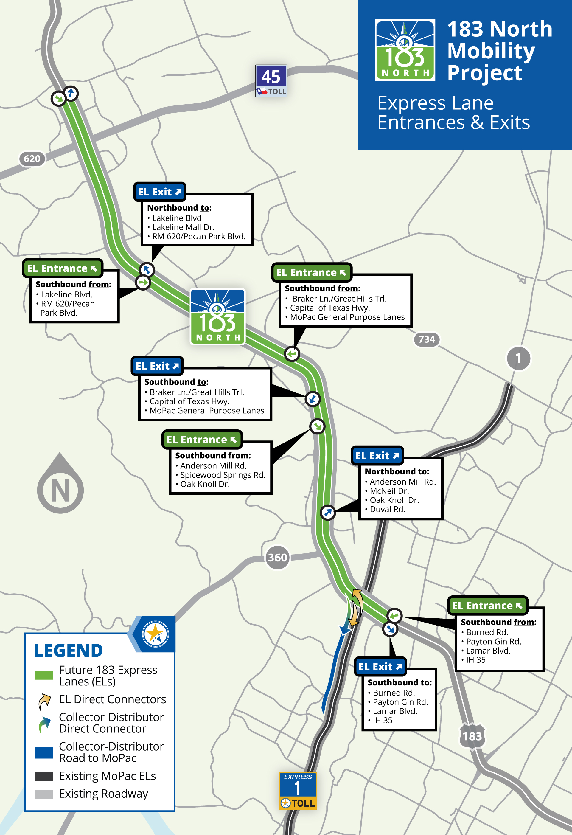 The 183 North Mobility Project Limits with express lane entrance and exit ramps.