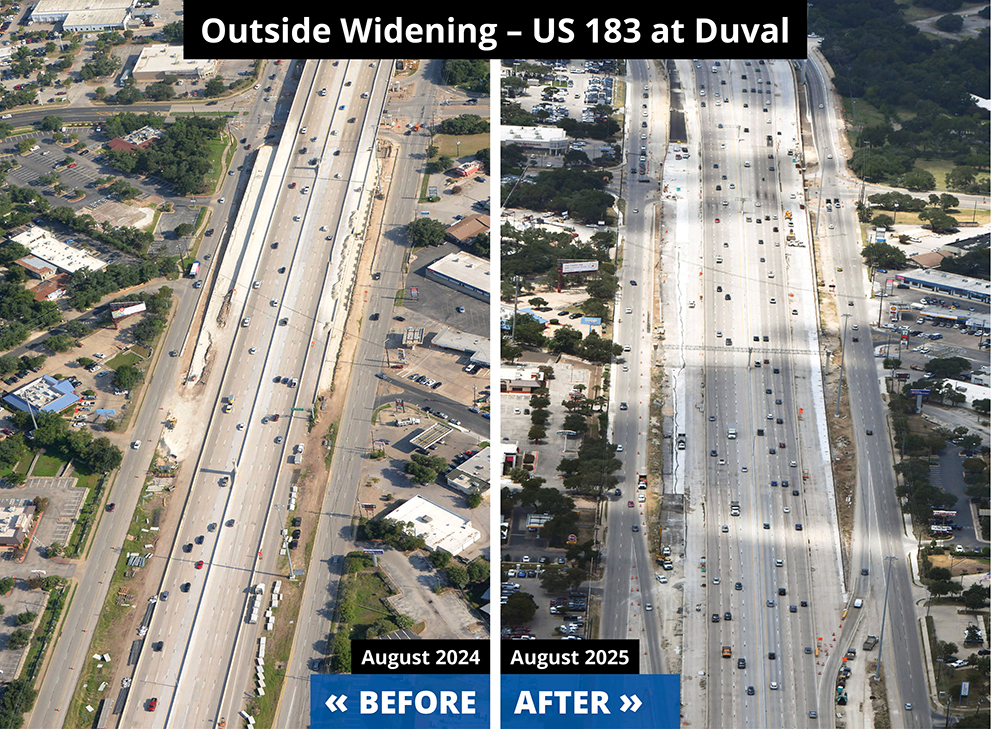 On the left is an image of US 183 at Duval Road from August 2025. On the right is an image of the same area from August 2025, which shows the progress made in widening the roadway.