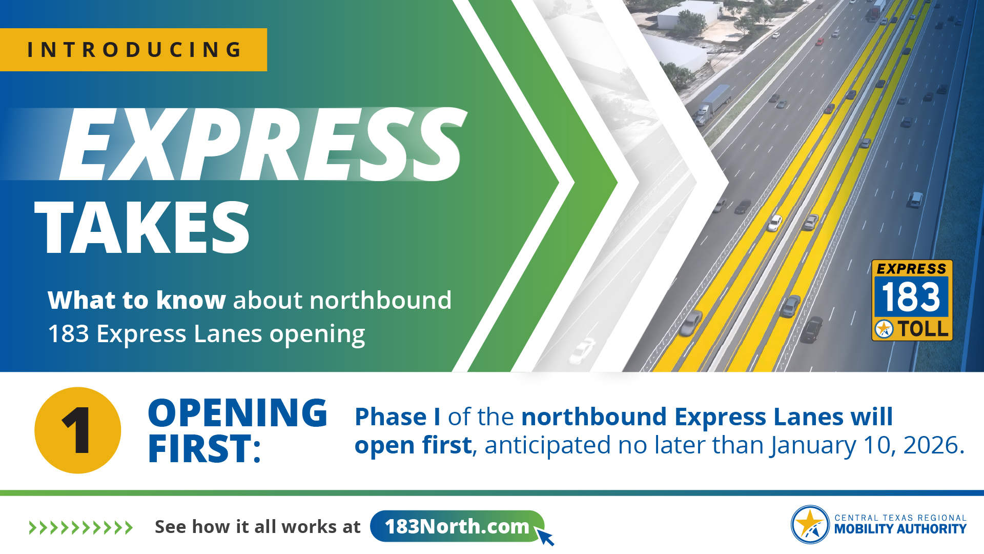 Express Takes #1: The northbound 183 Express Lanes will open first, no later than January 10, 2026 (weather and other factors permitting, subject to change).