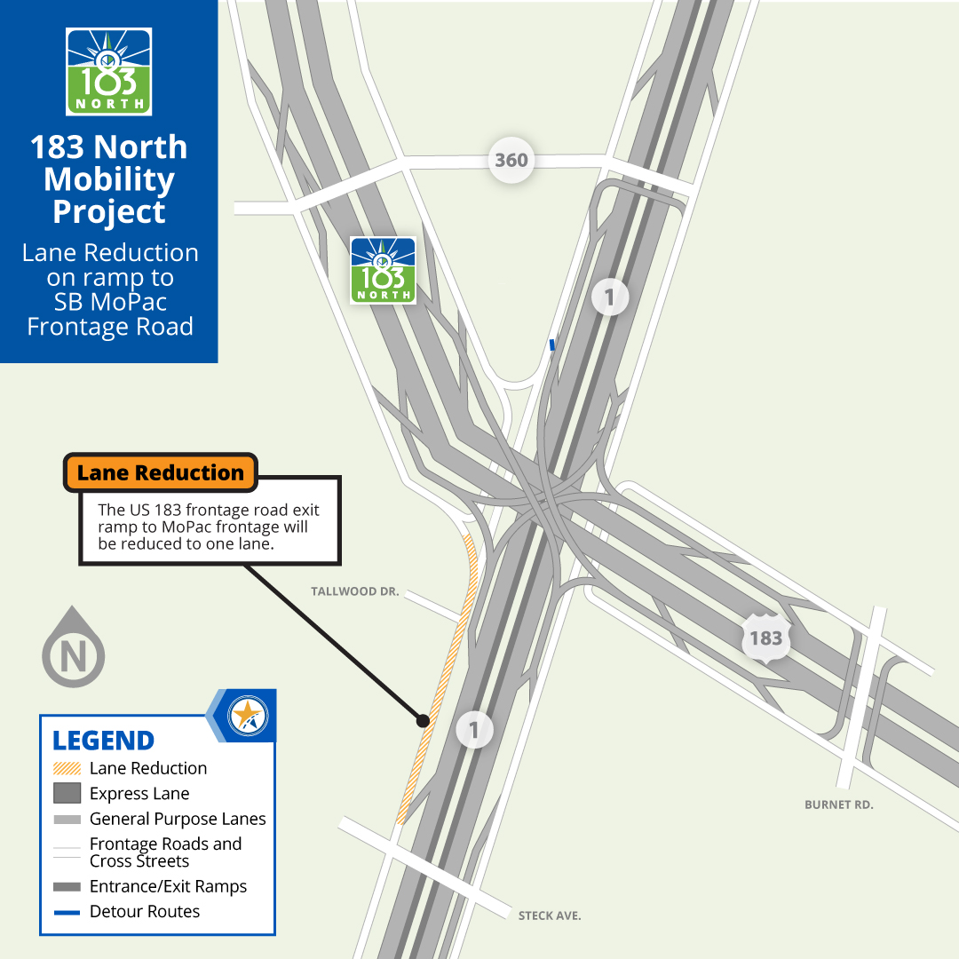 graphic depicting lane reduction from US 183 to Steck on southbound MoPac frontage road