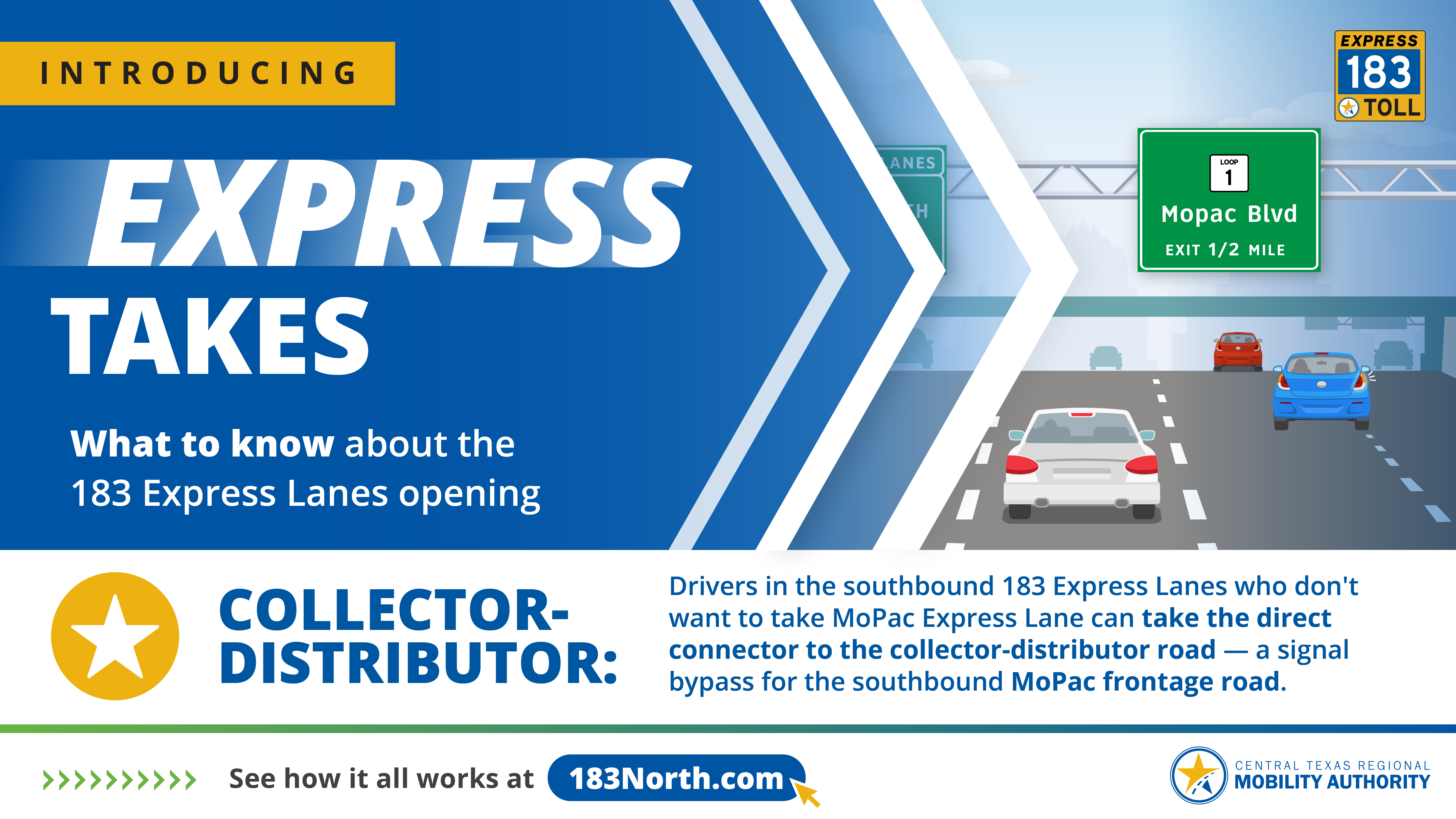 The collector-distributor road between the southbound 183 Express Lanes and MoPac keeps you moving past key intersections like Steck Ave. and Spicewood Springs Rd.