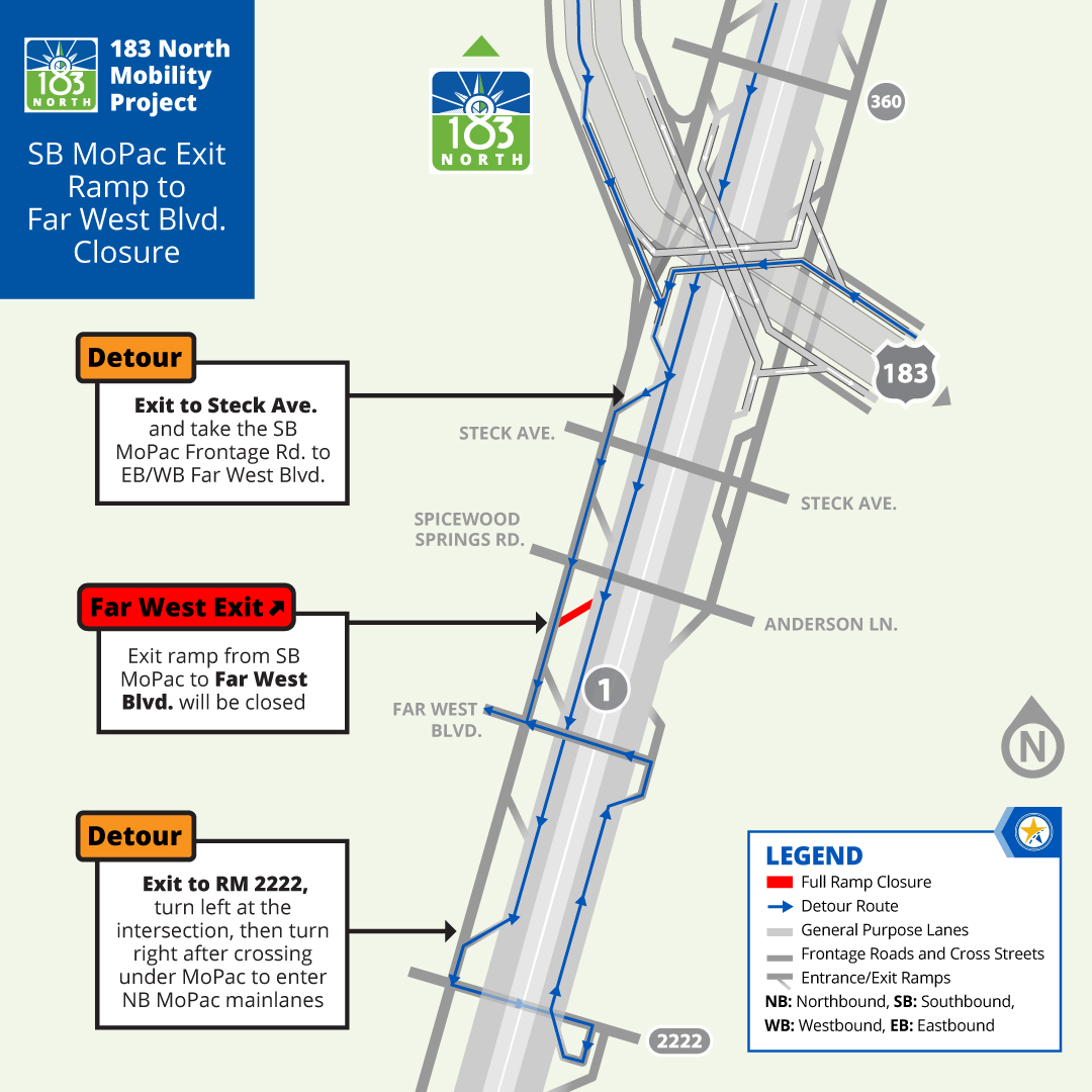 Graphic depicting detour for closed exit- drivers to take previous exit or the one right after the closure and loop around to the northbound direction of the roadway