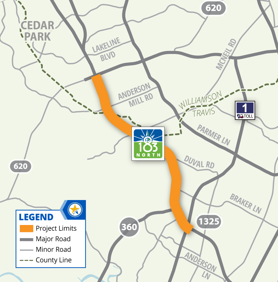 The 183 North Mobility Project Limits between MoPac and SH 45.