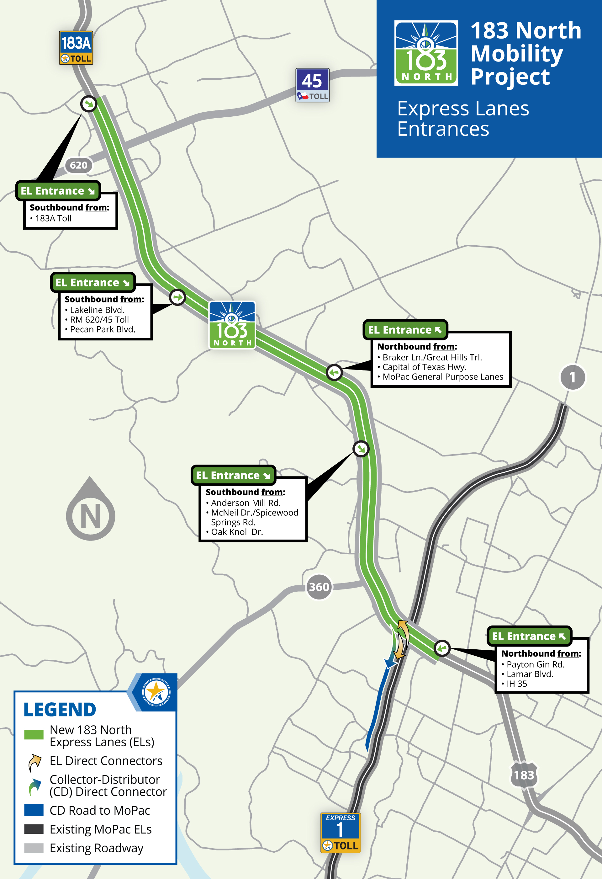 A map showing the entrances to the 183 Express Lanes