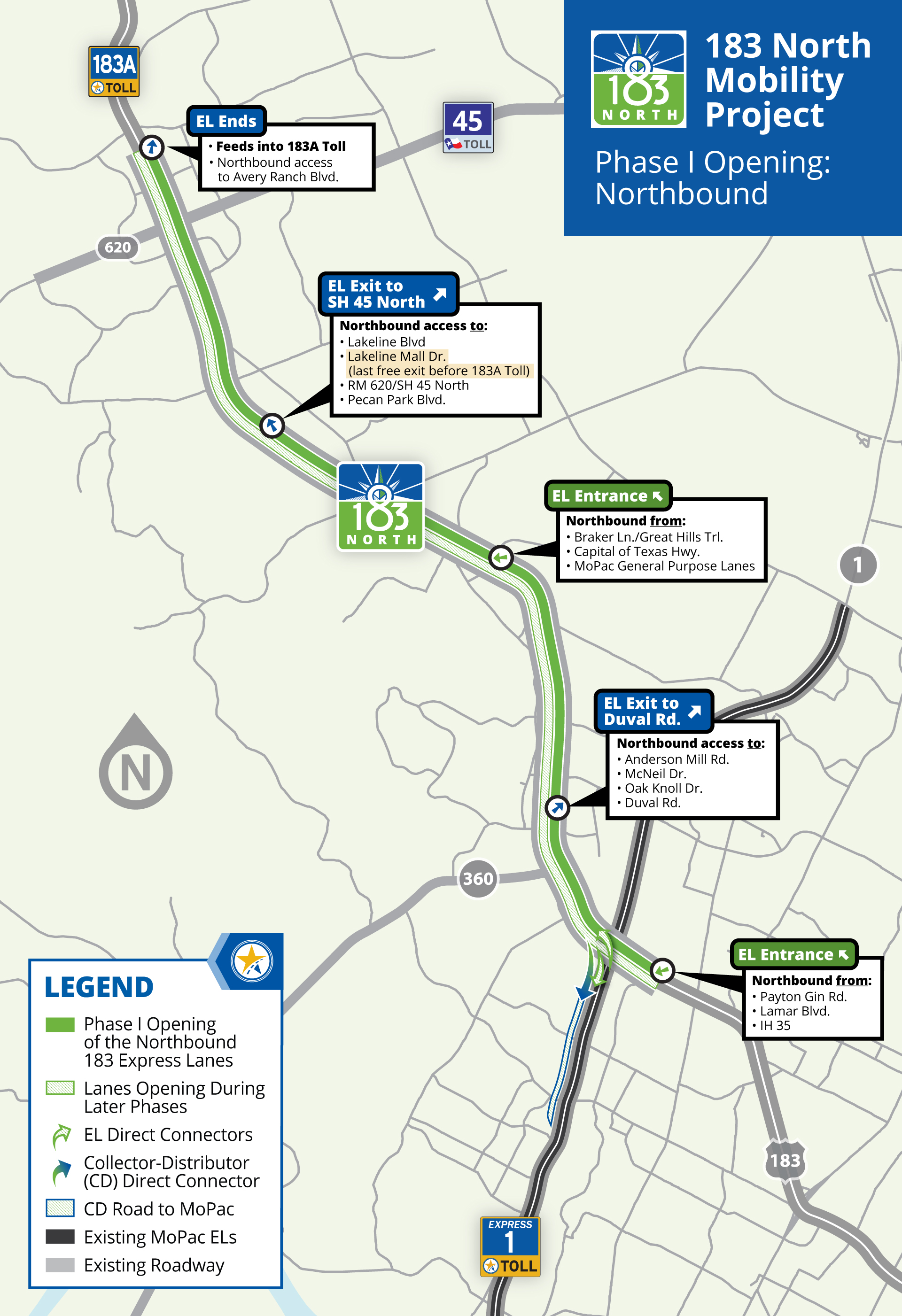 A map graphic showing the entrances and exits to the northbound 183 Express Lanes