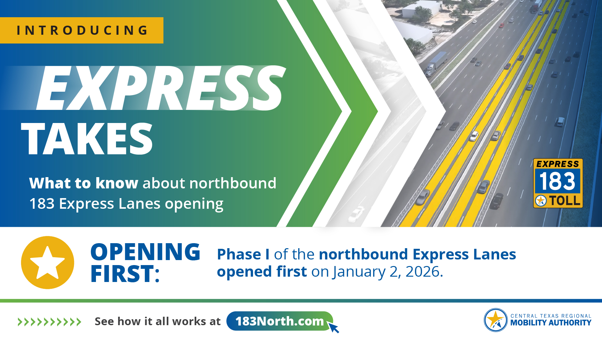 The northbound 183 Express Lanes opened first on January 2, 2026.