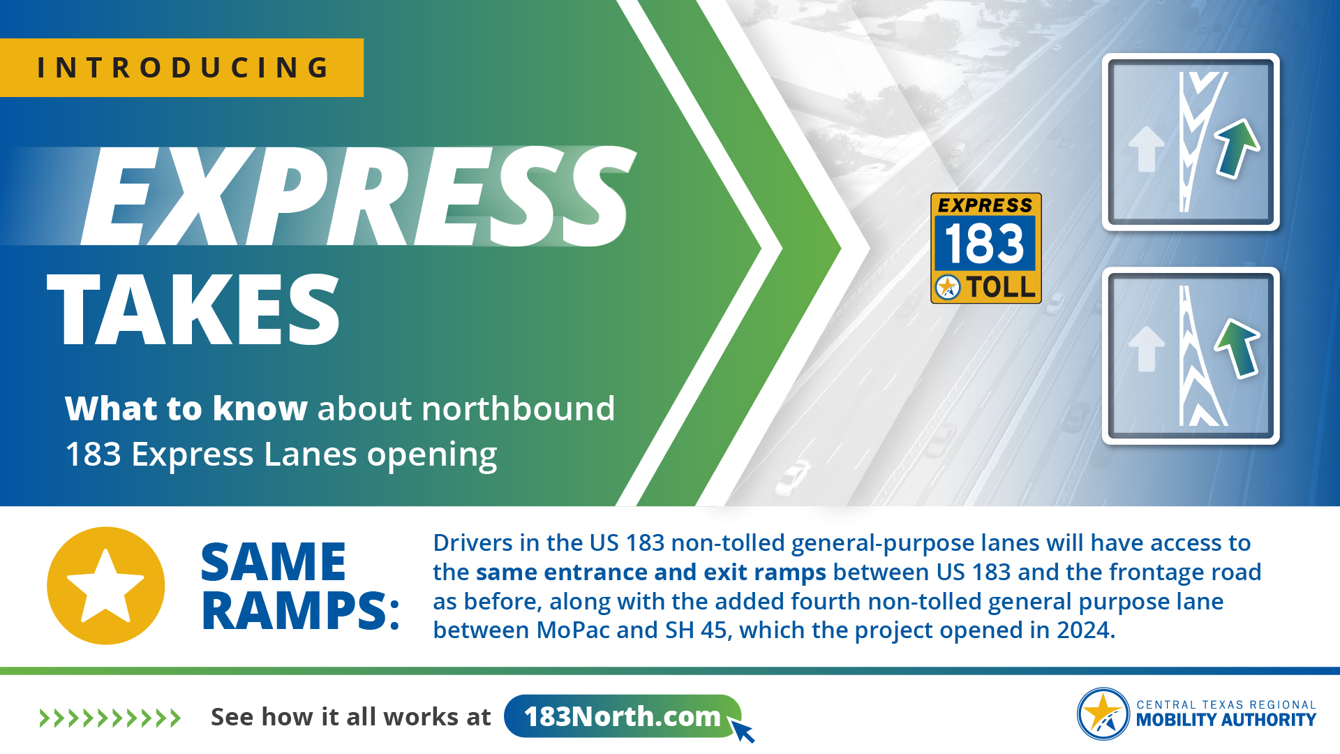 Drivers in the US 183 non-tolled general-purpose lanes will have access to the same entrance and exit ramps between US 183 and the frontage road as before, along with the added fourth general purpose lane between MoPac and SH 45 North.